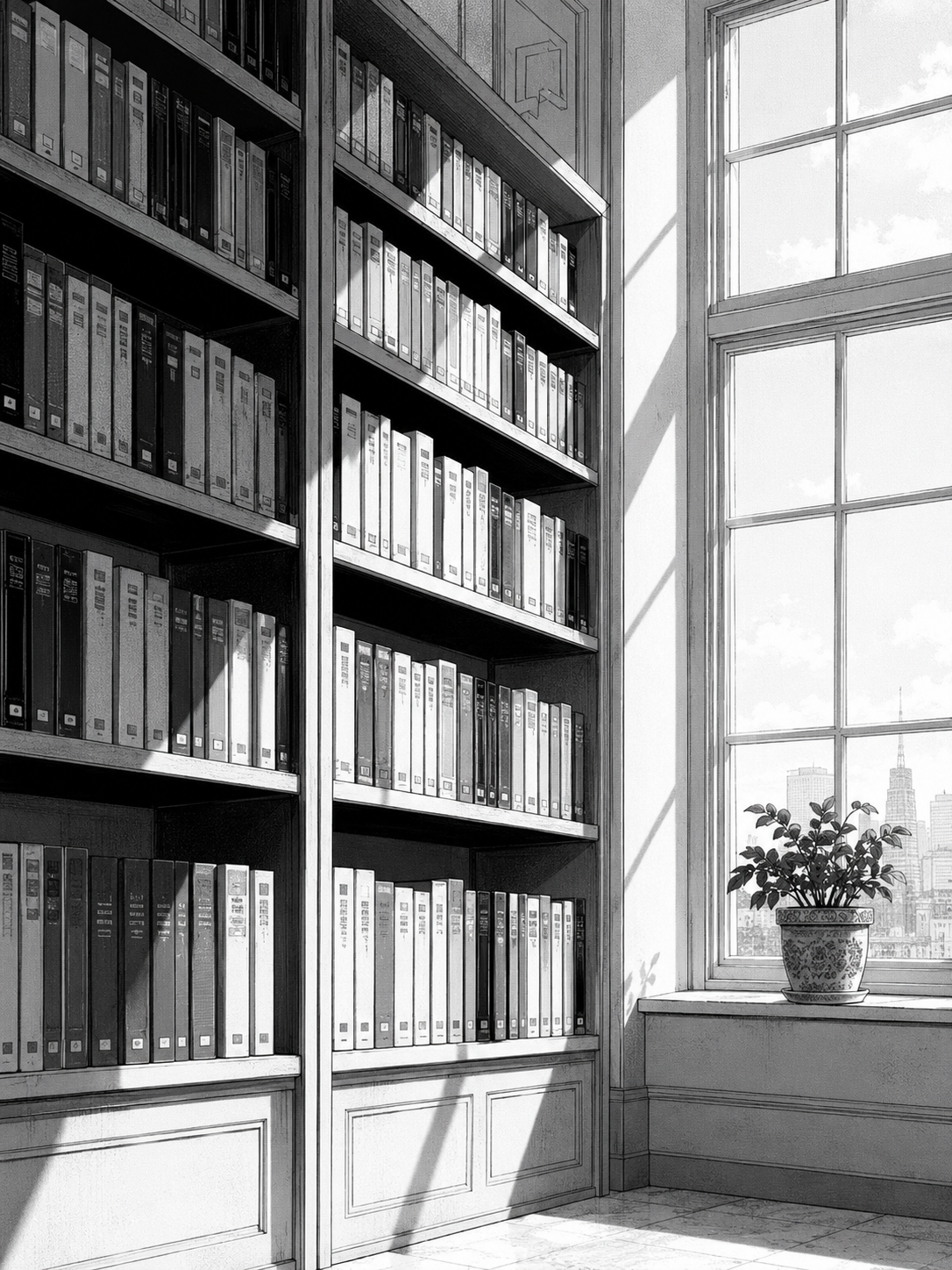Manga-style illustration of library bookshelves by a window
